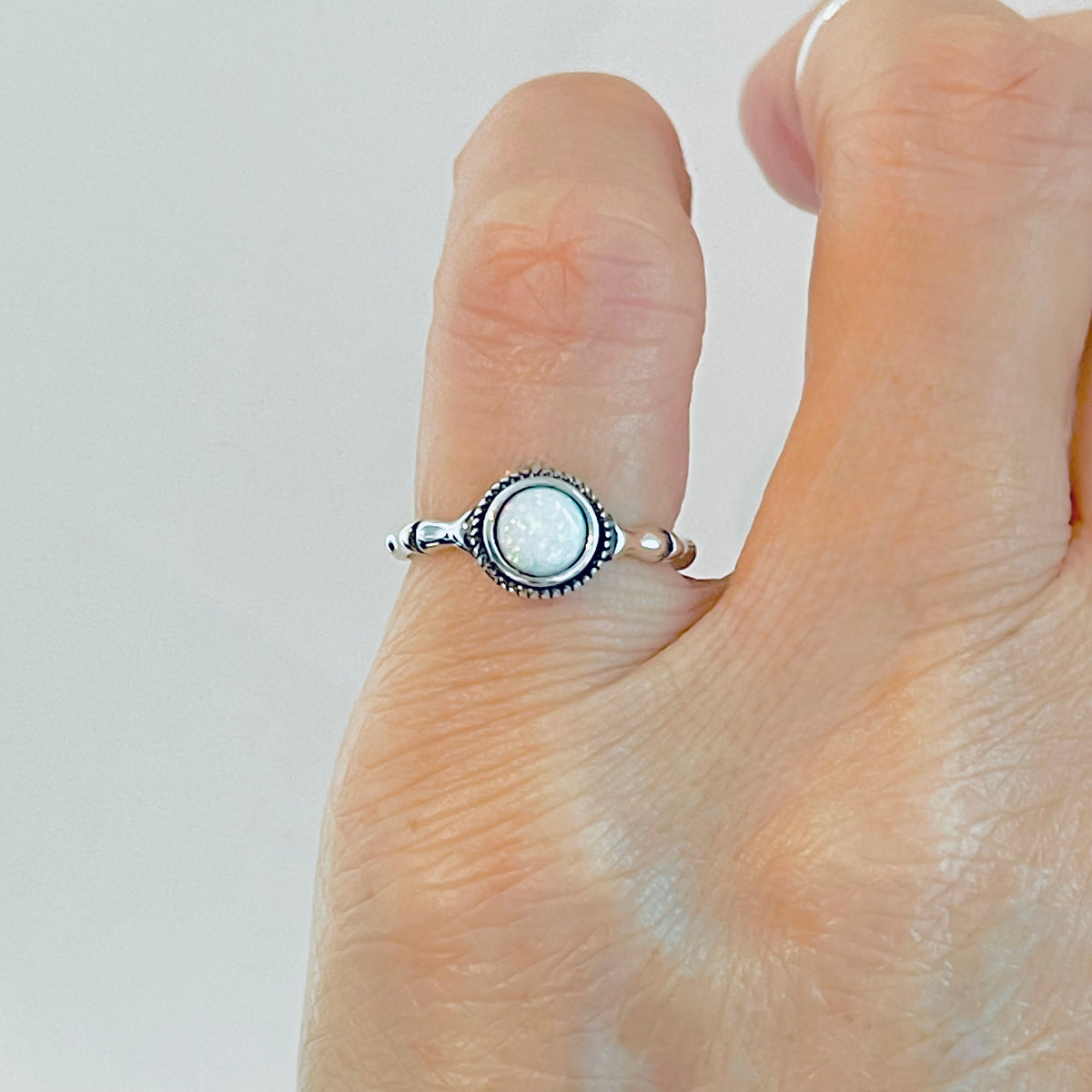 925 Sterling Silver Small White Lab Opal Ring with Bamboo Band | October Birthstone Rings