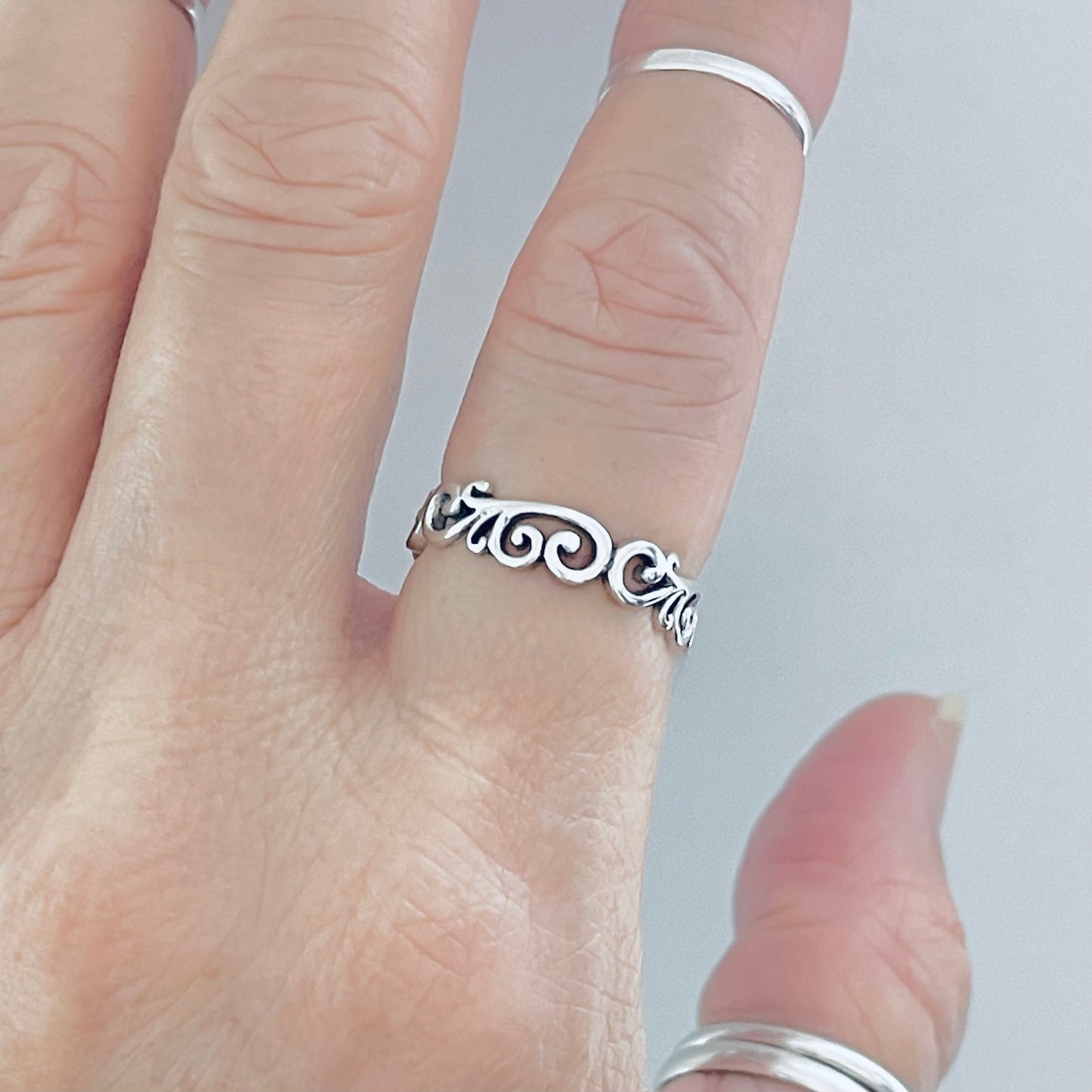 Sterling Silver Eternity Swirls Band Ring, Stackable Filigree Dainty Bands