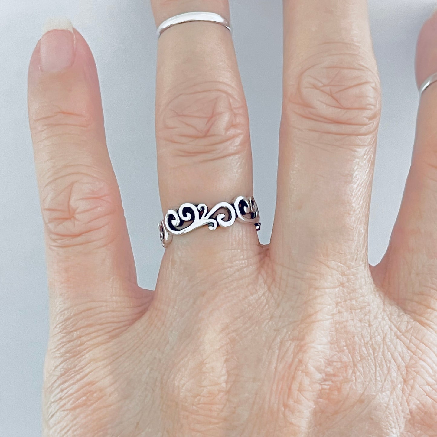 Sterling Silver Eternity Swirls Band Ring, Stackable Filigree Dainty Bands