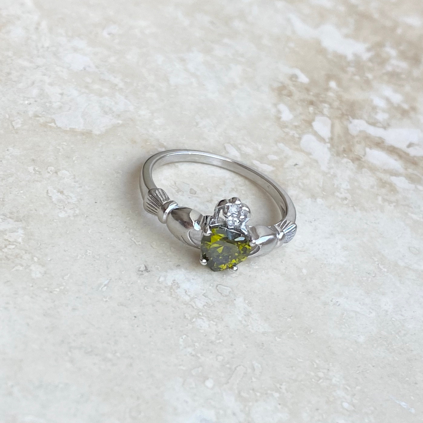 Sterling Silver Peridot CZ Heart Claddagh Ring, August Birthstone Silver Ring