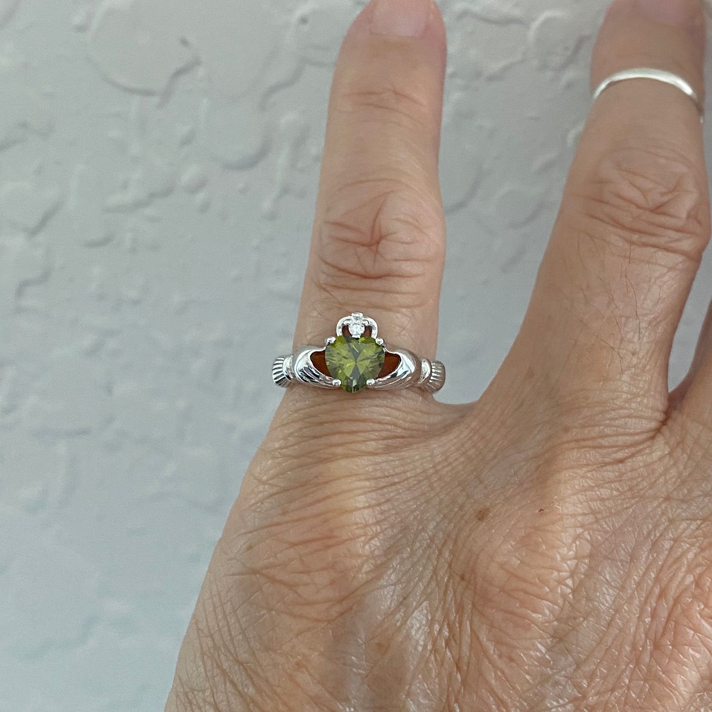 Sterling Silver Peridot CZ Heart Claddagh Ring, August Birthstone Silver Ring