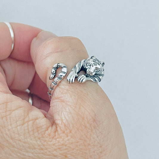 Sterling Silver Delicate Wraparound Tiger Ring, Big Cat, Silver Rings, Animal Ring, Tigers