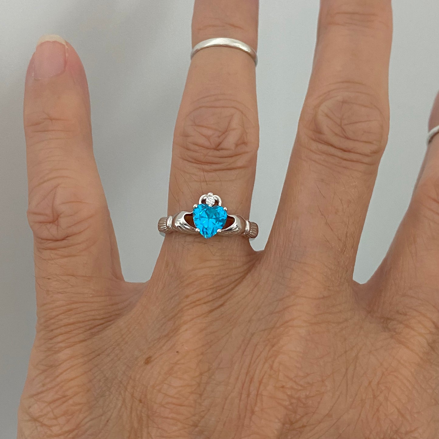 Sterling Silver Blue Topaz CZ Heart Claddagh Ring, December Birthstone Silver Ring