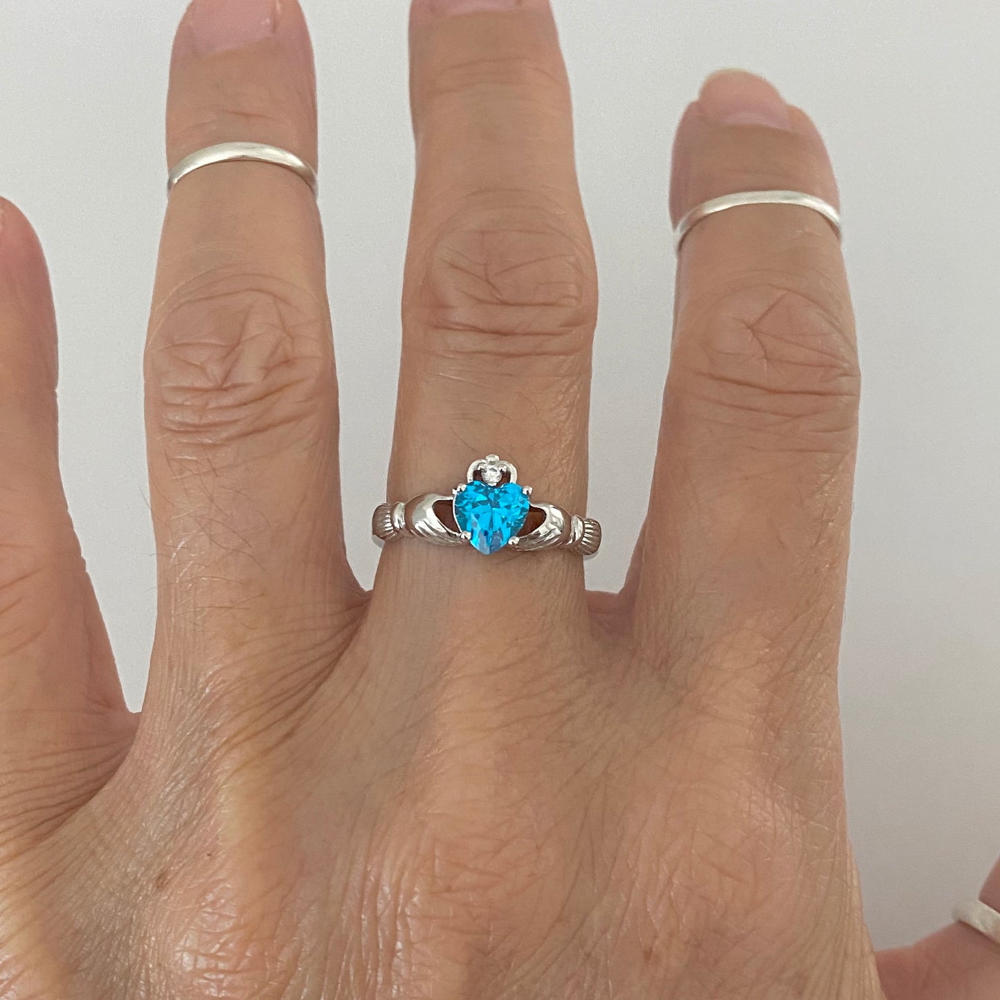 Sterling Silver Blue Topaz CZ Heart Claddagh Ring, December Birthstone Silver Ring