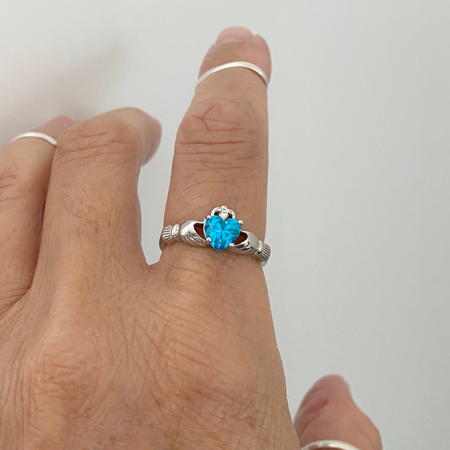 Sterling Silver Blue Topaz CZ Heart Claddagh Ring, December Birthstone Silver Ring