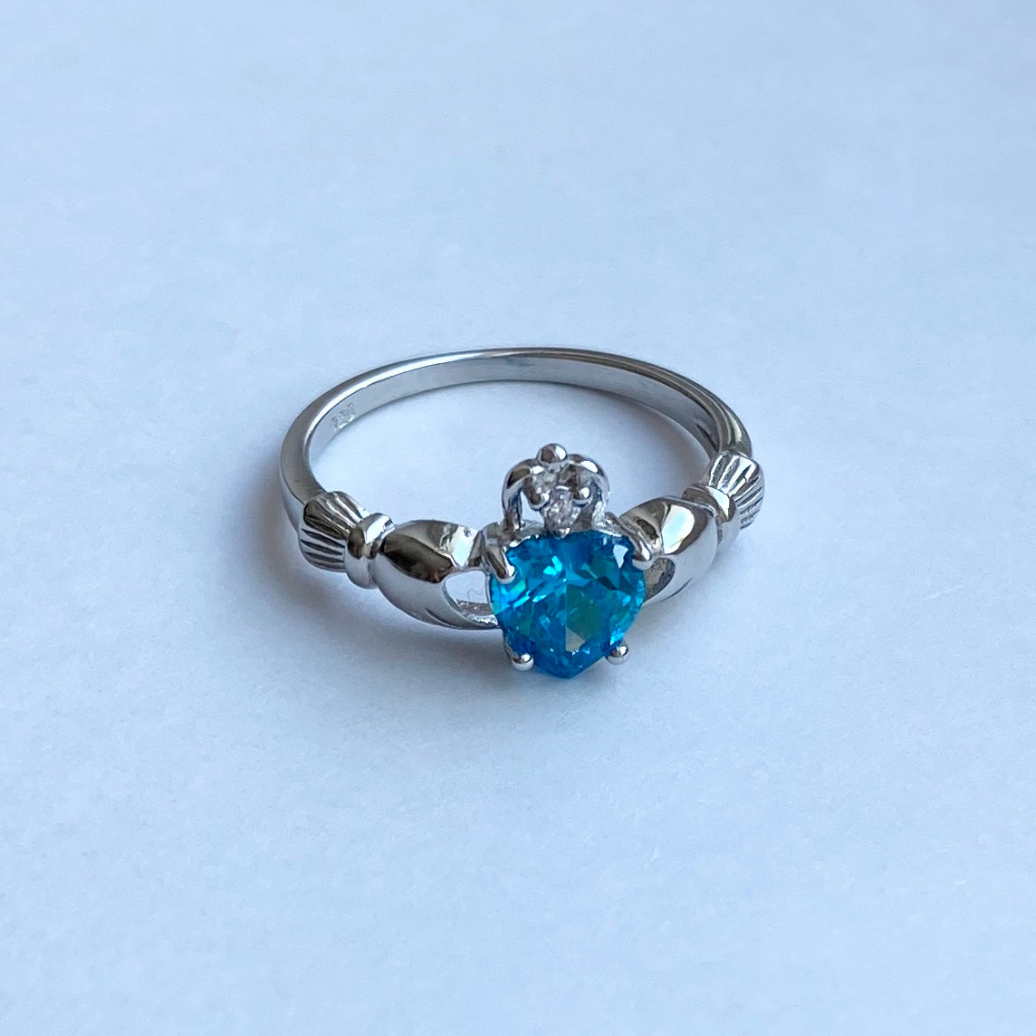 Sterling Silver Blue Topaz CZ Heart Claddagh Ring, December Birthstone Silver Ring