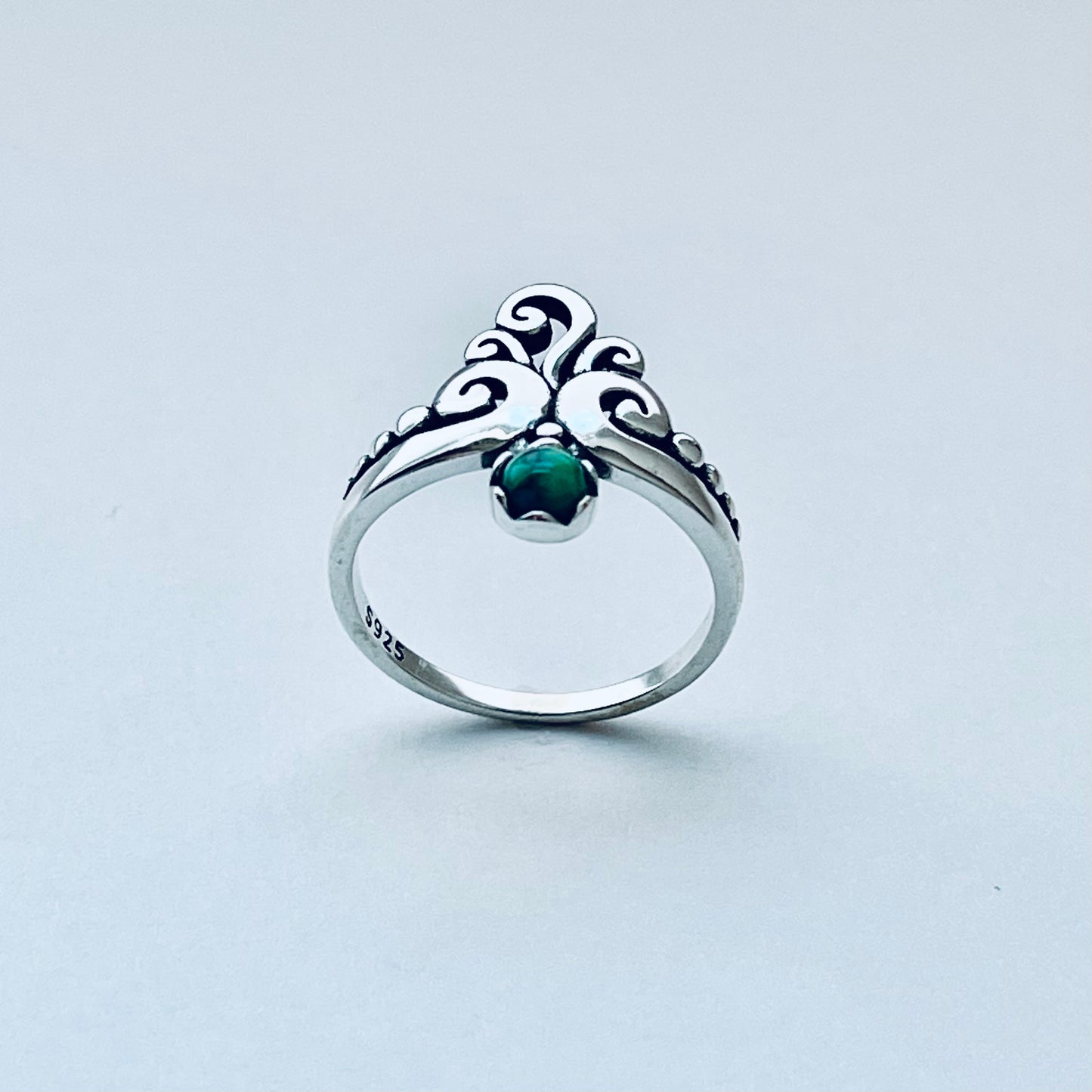 Sterling Silver Little Round Genuine Turquoise With Multiple Swirl Ring, Silver Swirly Rings