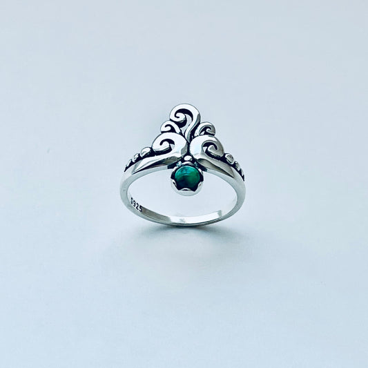 Sterling Silver Little Round Genuine Turquoise With Multiple Swirl Ring, Silver Swirly Rings