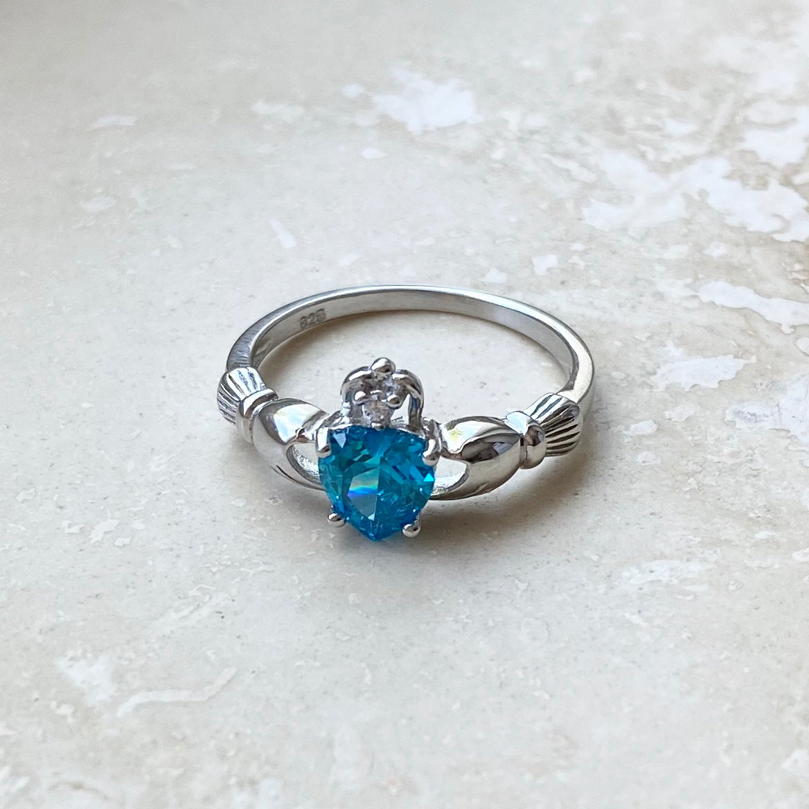 Sterling Silver Blue Topaz CZ Heart Claddagh Ring, December Birthstone Silver Ring