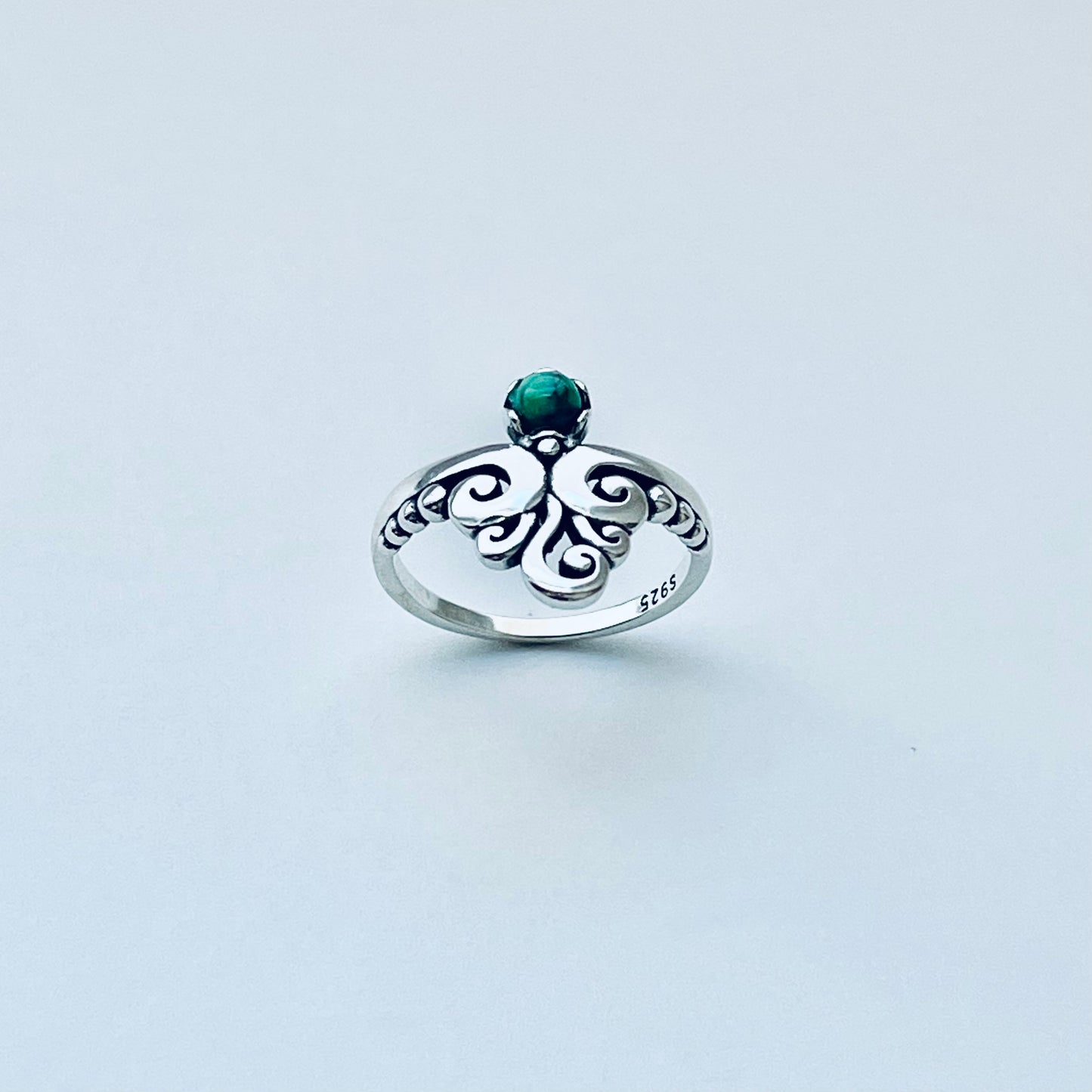 Sterling Silver Little Round Genuine Turquoise With Multiple Swirl Ring, Silver Swirly Rings