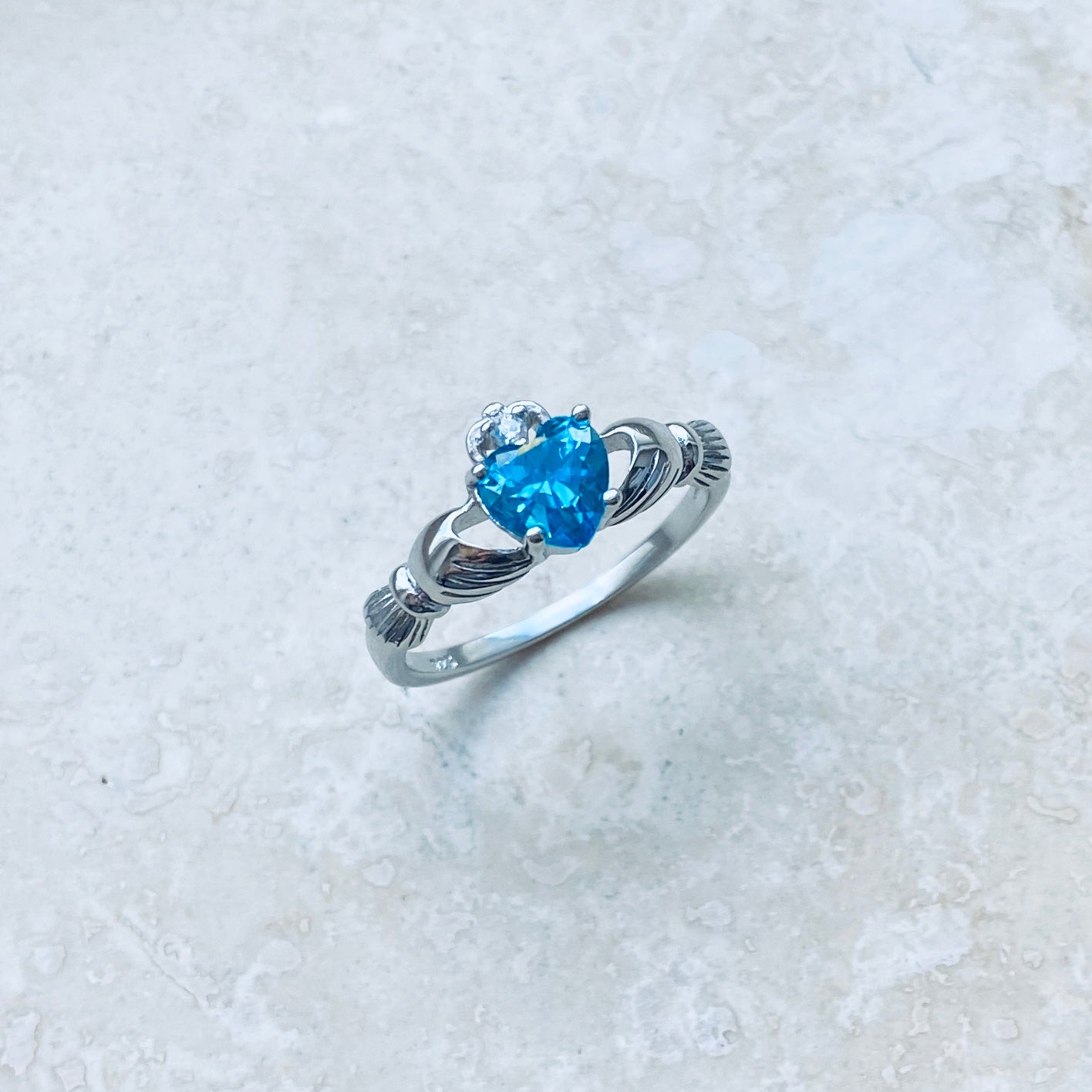 Sterling Silver Blue Topaz CZ Heart Claddagh Ring, December Birthstone Silver Ring