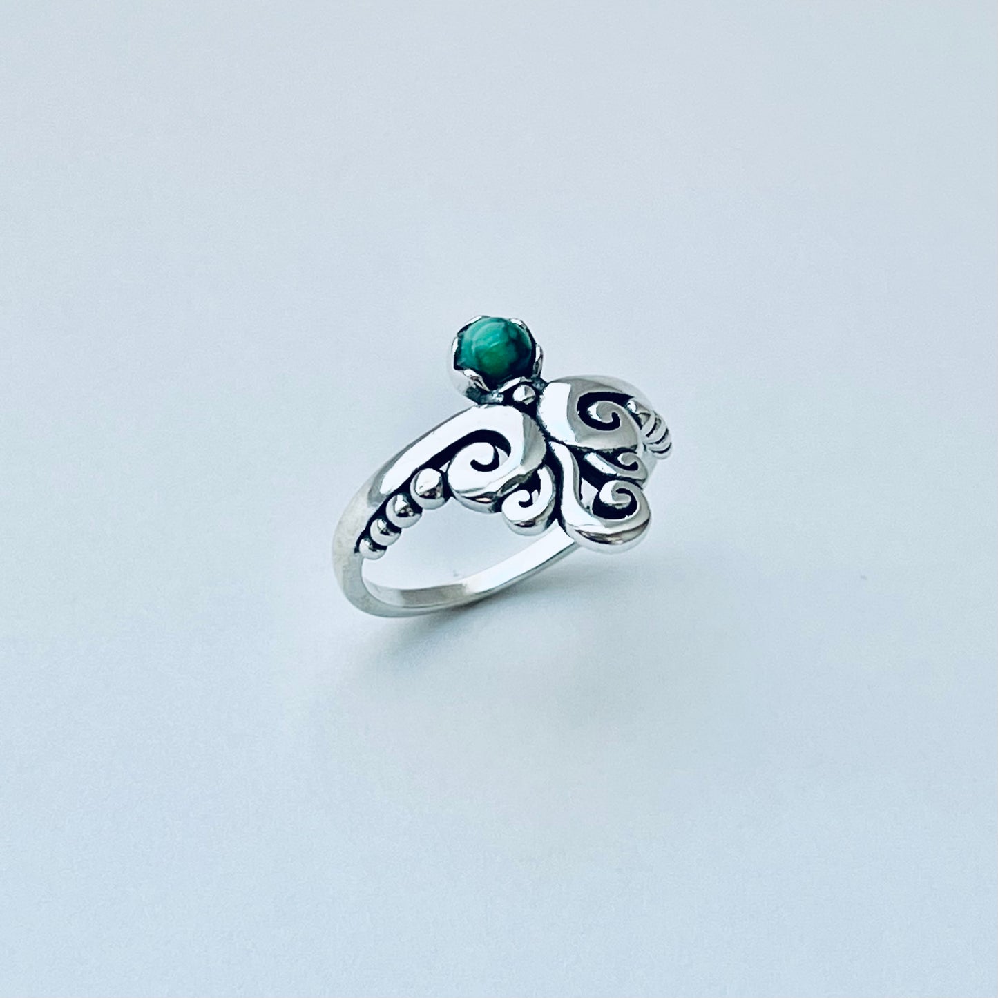 Sterling Silver Little Round Genuine Turquoise With Multiple Swirl Ring, Silver Swirly Rings