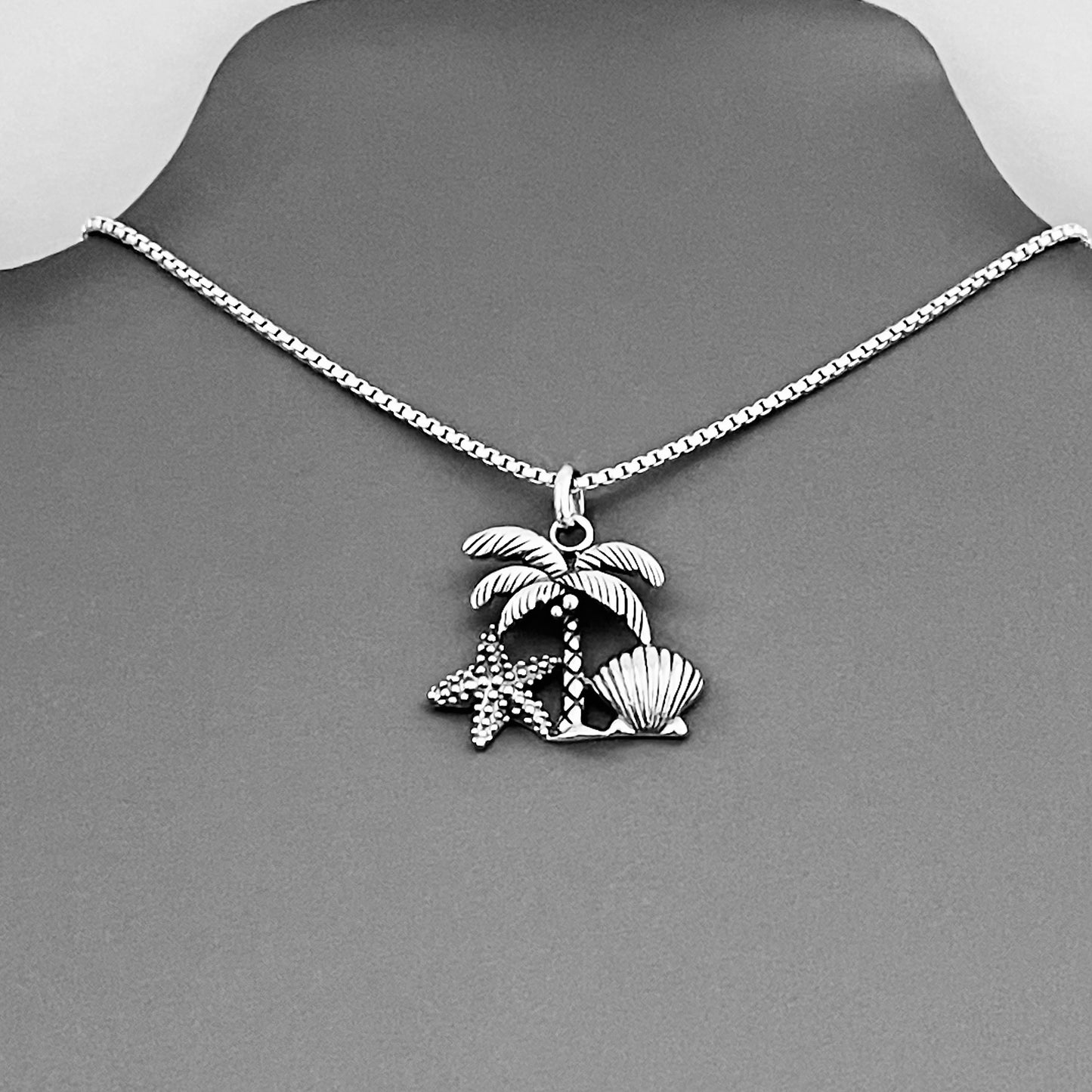 Sterling Silver Coconut Tree and Seashells Necklace, Starfish and Palm Tree Necklace