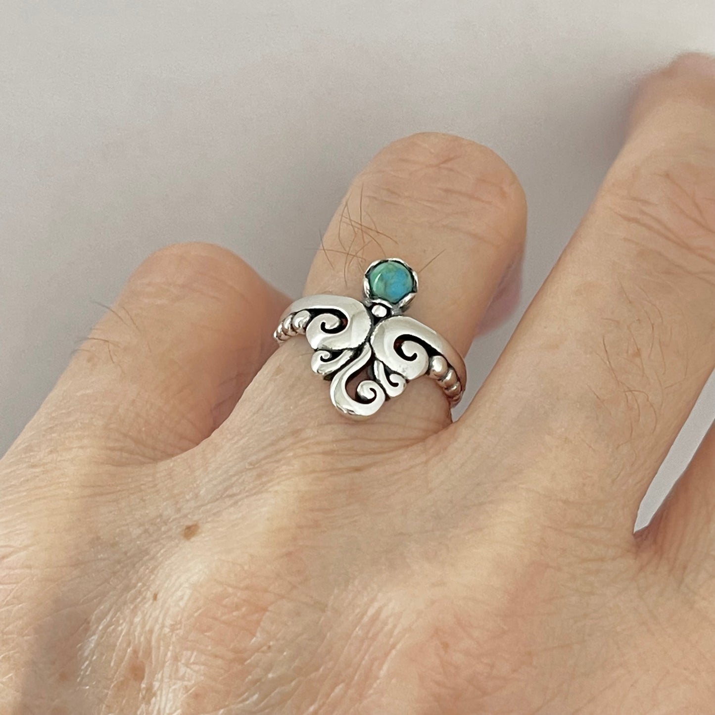 Sterling Silver Little Round Genuine Turquoise With Multiple Swirl Ring, Silver Swirly Rings