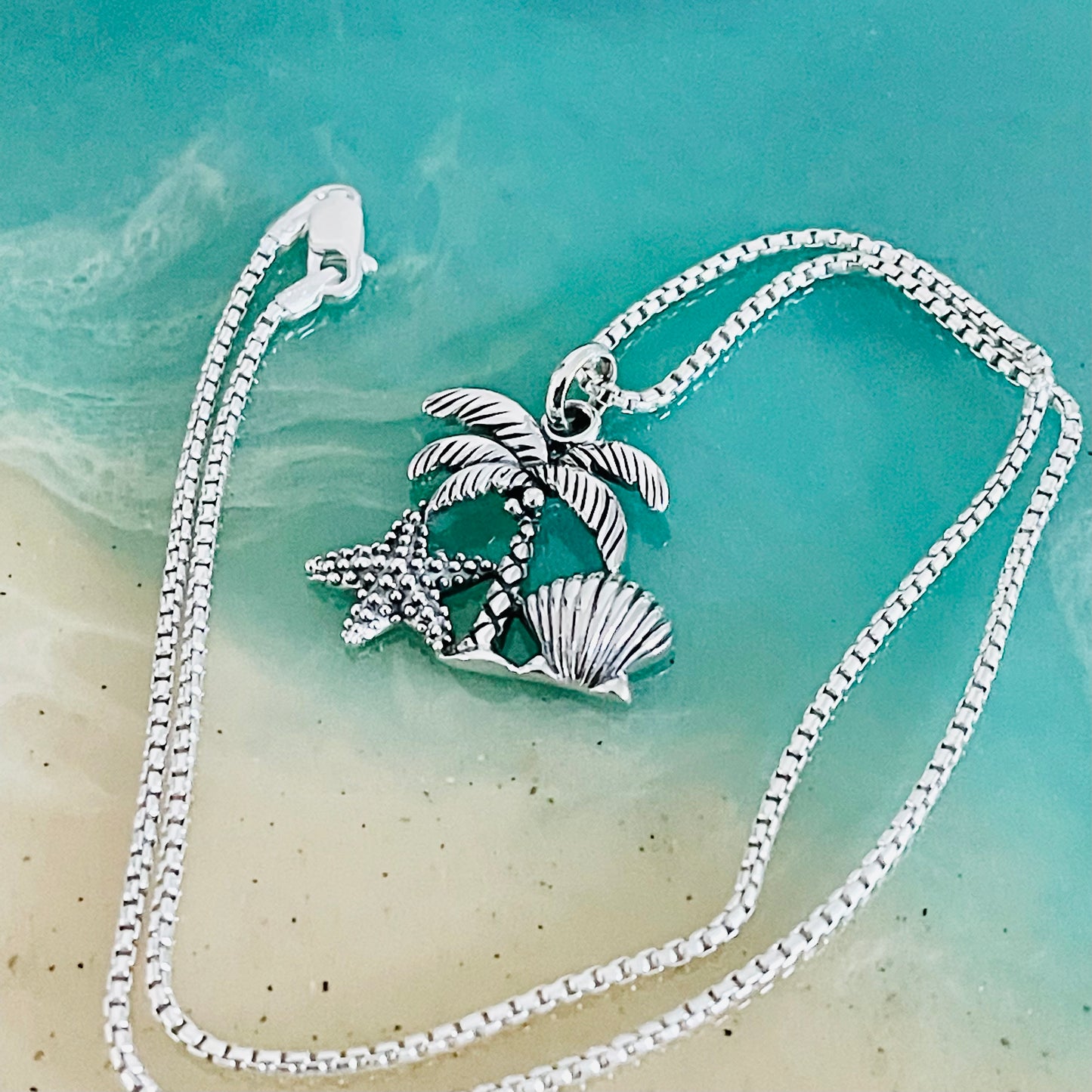 Sterling Silver Coconut Tree and Seashells Necklace, Starfish and Palm Tree Necklace