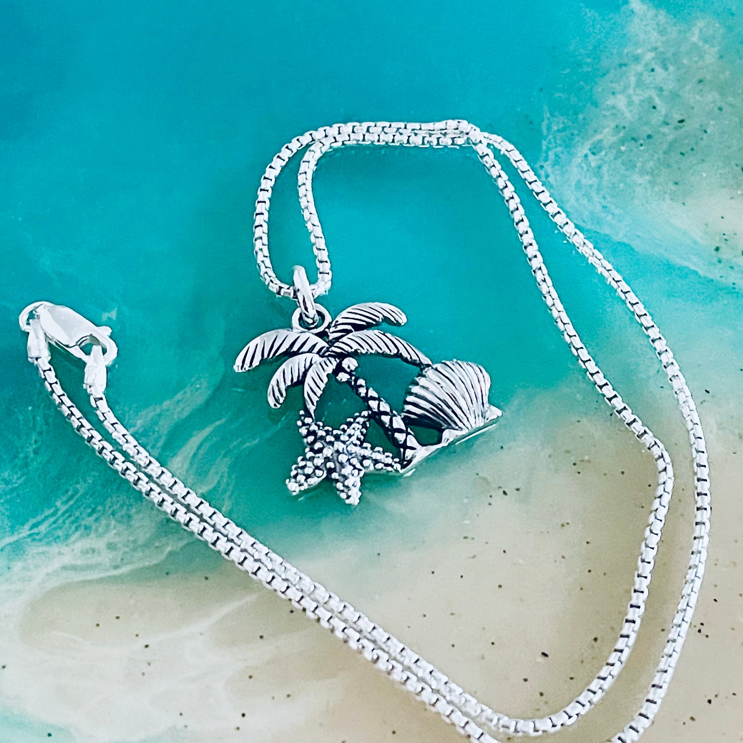 Sterling Silver Coconut Tree and Seashells Necklace, Starfish and Palm Tree Necklace