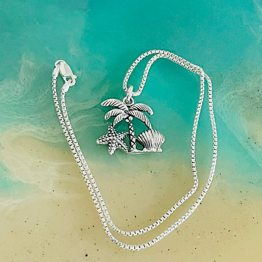 Sterling Silver Coconut Tree and Seashells Necklace, Starfish and Palm Tree Necklace