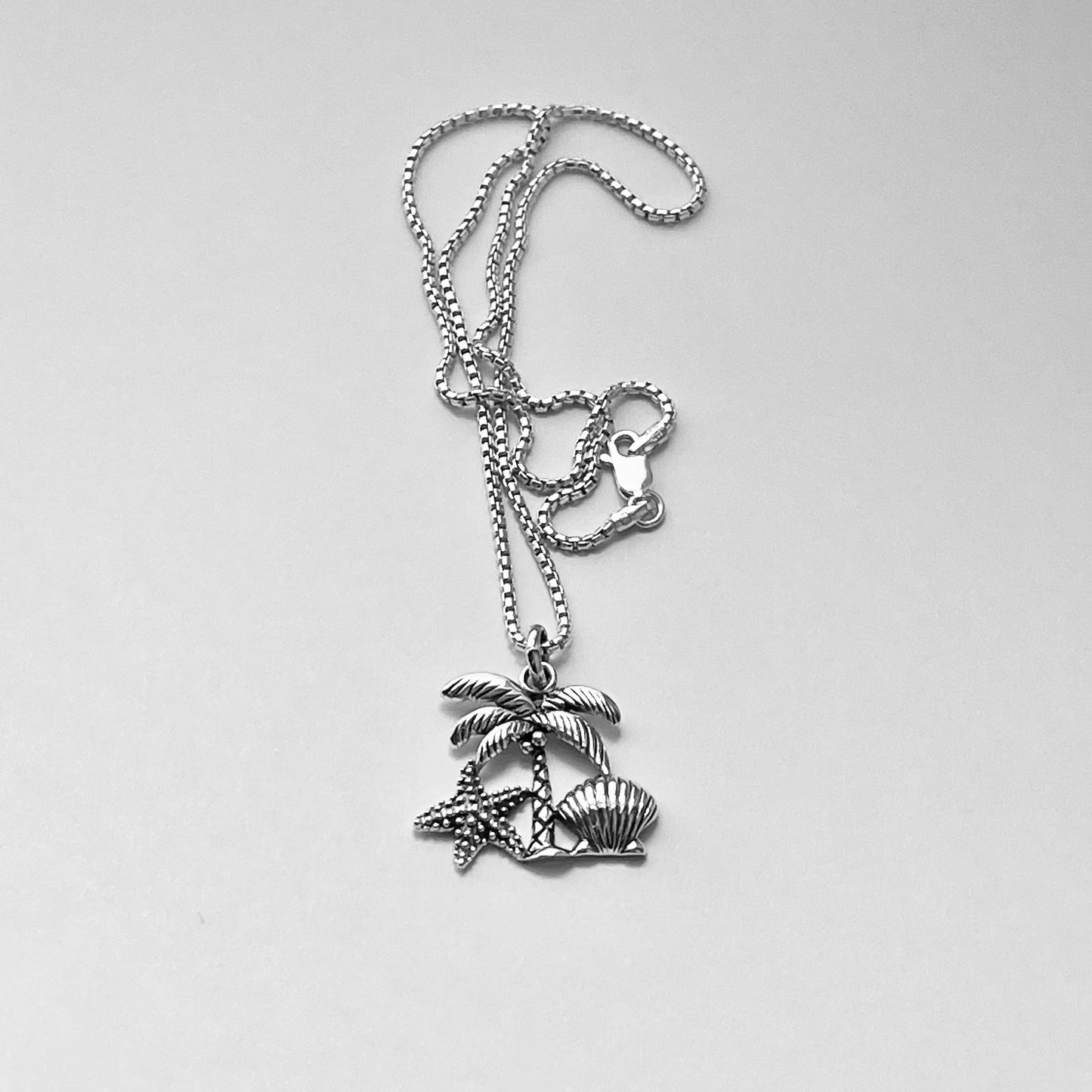 Sterling Silver Coconut Tree and Seashells Necklace, Starfish and Palm Tree Necklace