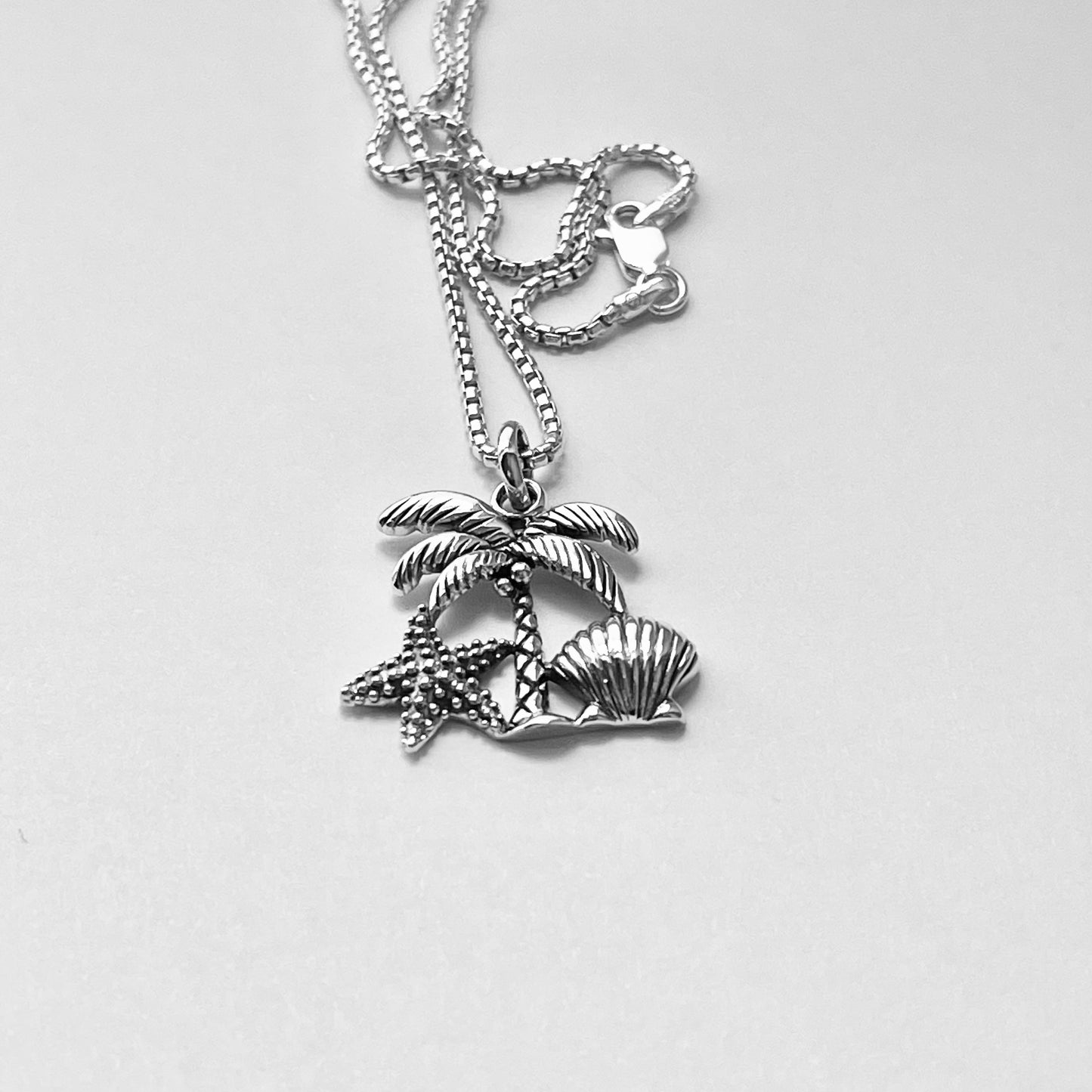 Sterling Silver Coconut Tree and Seashells Necklace, Starfish and Palm Tree Necklace