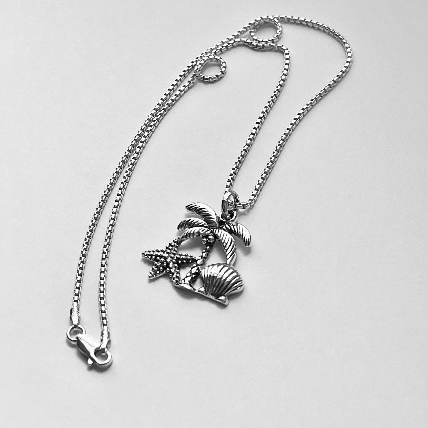 Sterling Silver Coconut Tree and Seashells Necklace, Starfish and Palm Tree Necklace