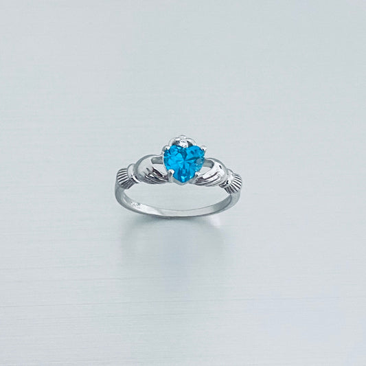 Sterling Silver Blue Topaz CZ Heart Claddagh Ring, December Birthstone Silver Ring