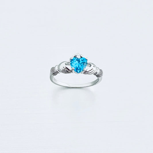 925 Sterling Silver Blue Topaz CZ Heart Claddagh Ring | December Birthstone Irish Rings