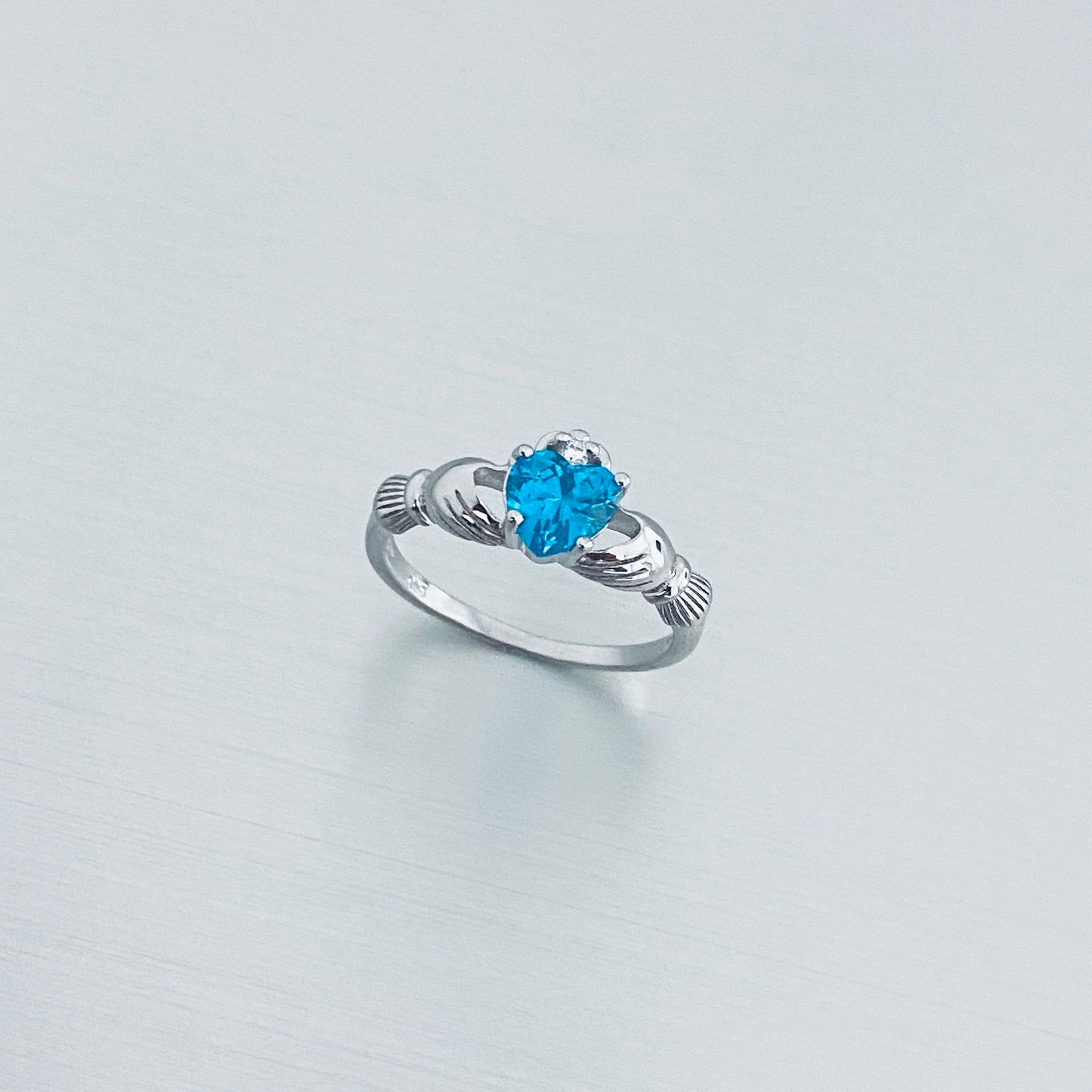 Sterling Silver Blue Topaz CZ Heart Claddagh Ring, December Birthstone Silver Ring