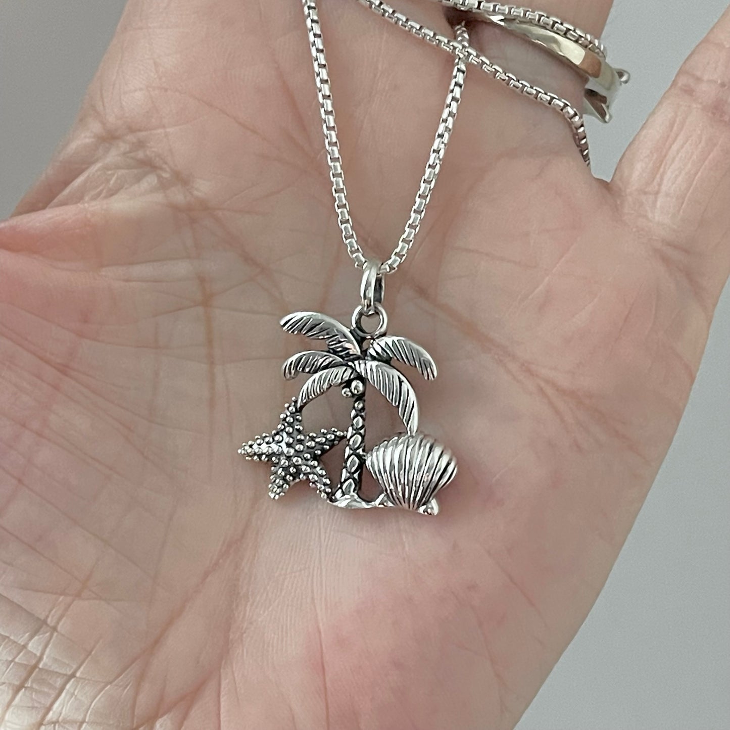 Sterling Silver Coconut Tree and Seashells Necklace, Starfish and Palm Tree Necklace