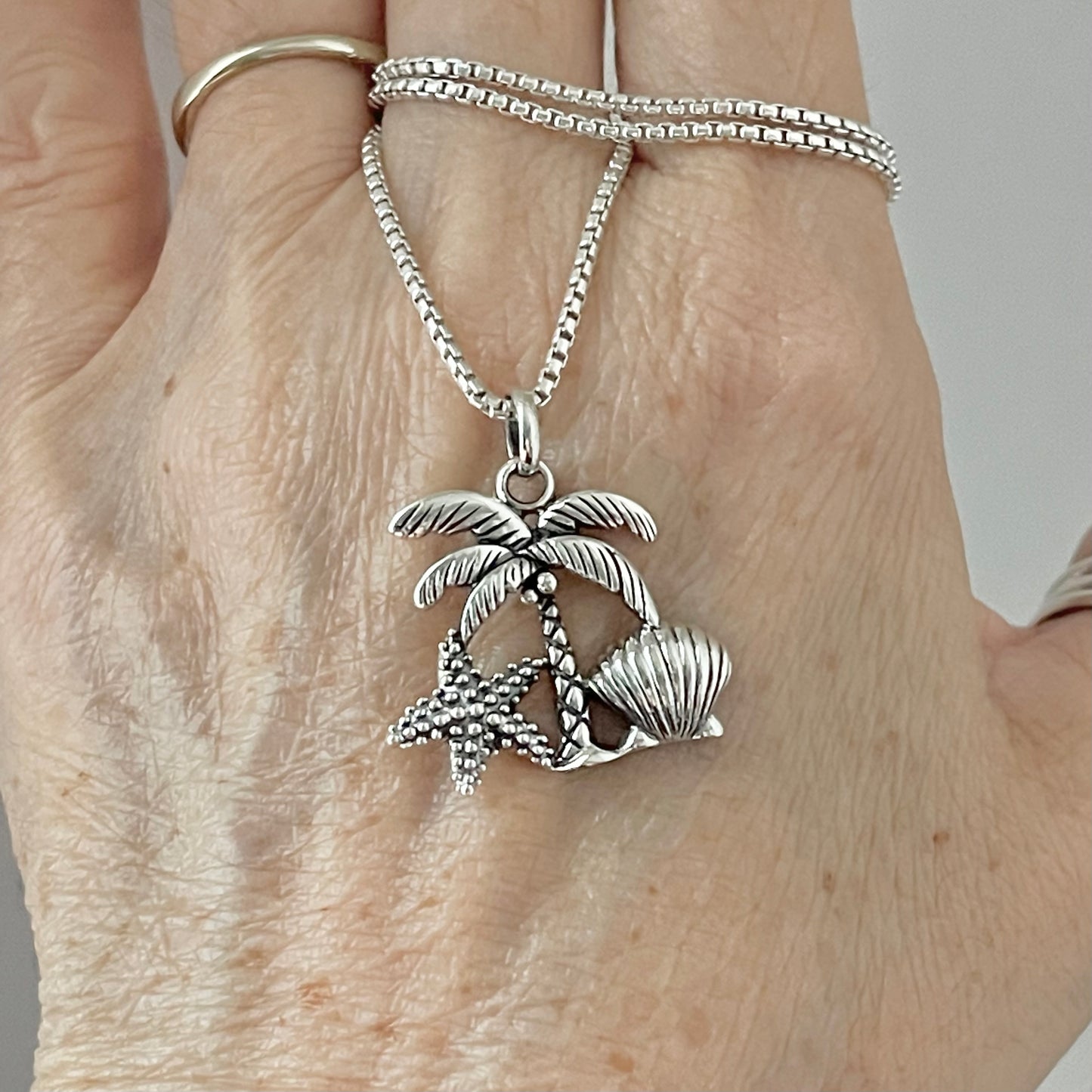 Sterling Silver Coconut Tree and Seashells Necklace, Starfish and Palm Tree Necklace