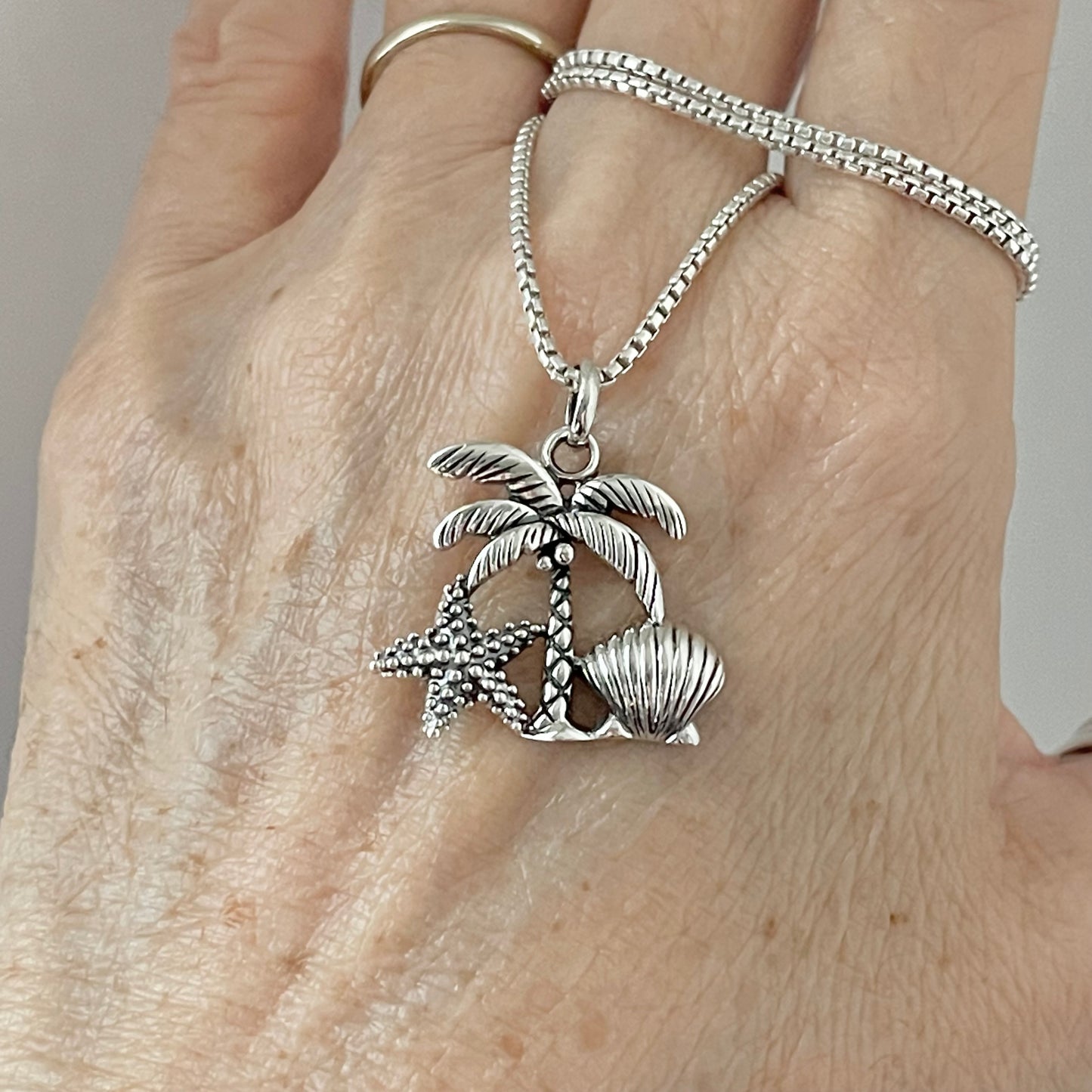 Sterling Silver Coconut Tree and Seashells Necklace, Starfish and Palm Tree Necklace