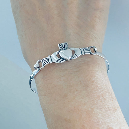 Sterling Silver Irish Claddagh Heart Bangle, Friendship Bracelet, Love/Loyalty Jewelry
