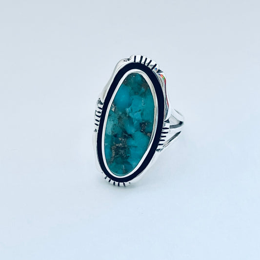 Sterling Silver Long Oval Genuine Turquoise Ring, Silver Statement Rings