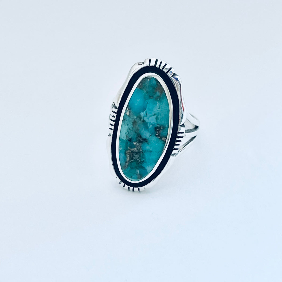 925 Sterling Silver Long Oval Genuine Turquoise Ring | Unisex Western Statement Stone Jewelry