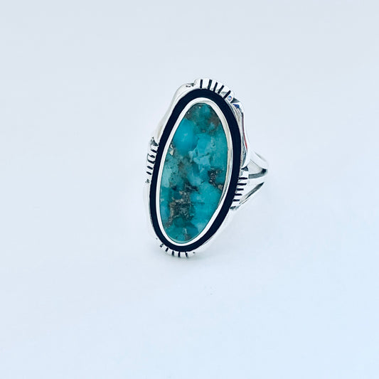 925 Sterling Silver Long Oval Genuine Turquoise Ring | Unisex Western Statement Stone Jewelry