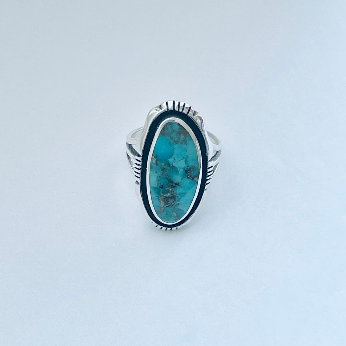 925 Sterling Silver Long Oval Genuine Turquoise Ring | Unisex Western Statement Stone Jewelry