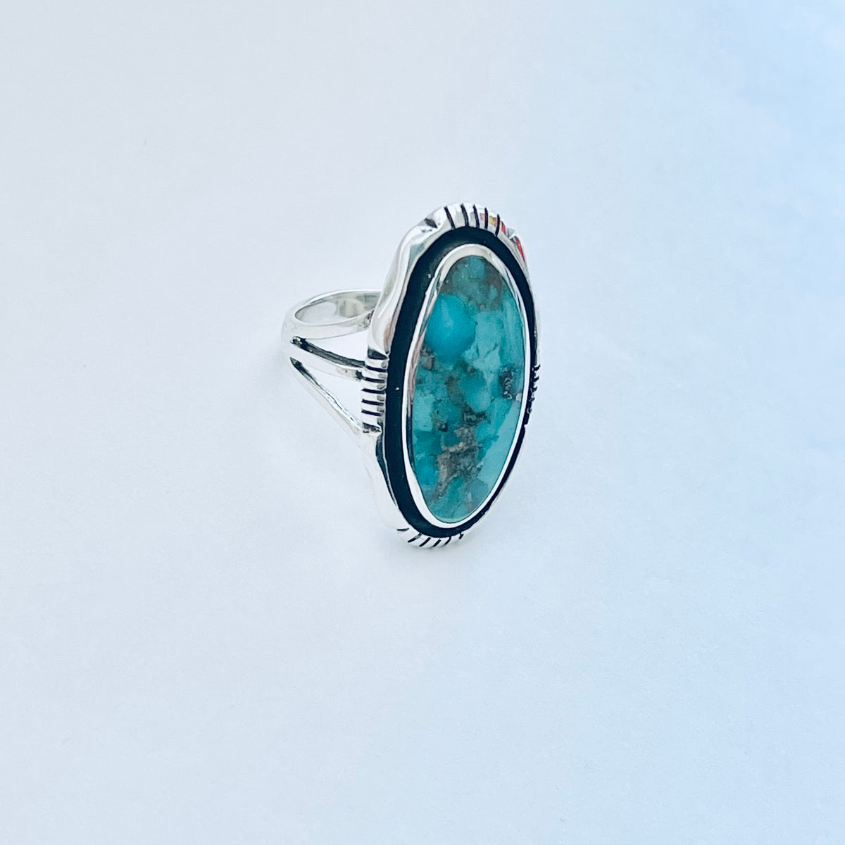 925 Sterling Silver Long Oval Genuine Turquoise Ring | Unisex Western Statement Stone Jewelry