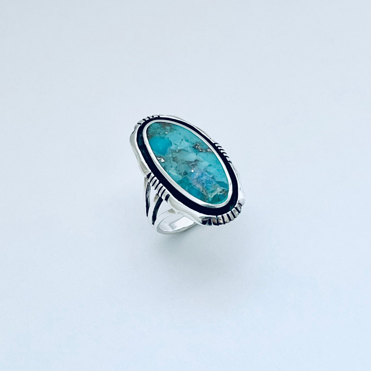 925 Sterling Silver Long Oval Genuine Turquoise Ring | Unisex Western Statement Stone Jewelry