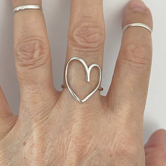 Sterling Silver Delicate Big Open Heart Ring, Statement Ring, Love Silver Rings