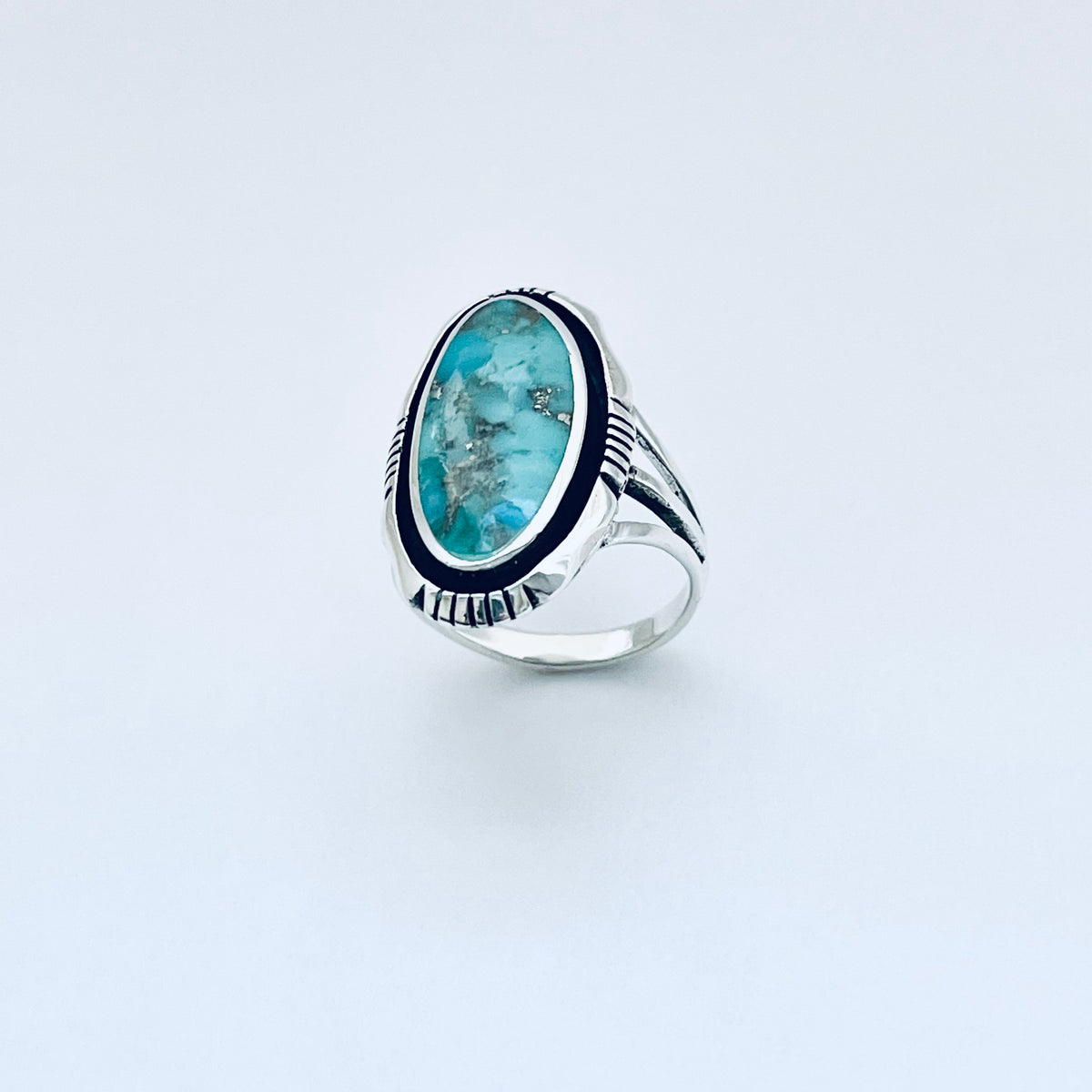 925 Sterling Silver Long Oval Genuine Turquoise Ring | Unisex Western Statement Stone Jewelry