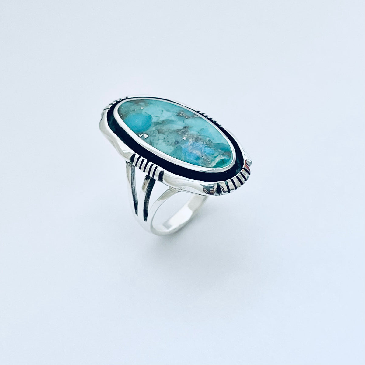 925 Sterling Silver Long Oval Genuine Turquoise Ring | Unisex Western Statement Stone Jewelry