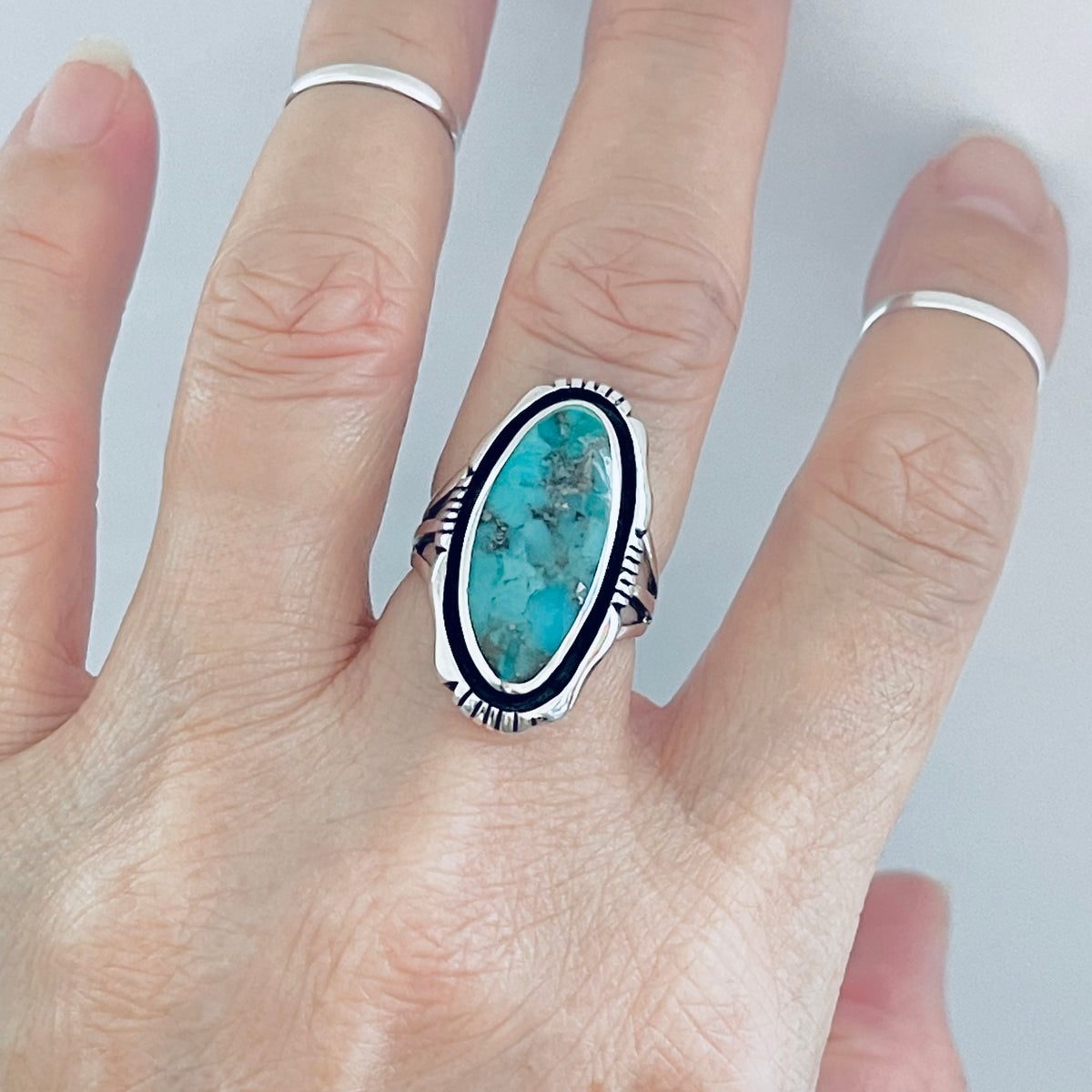 925 Sterling Silver Long Oval Genuine Turquoise Ring | Unisex Western Statement Stone Jewelry