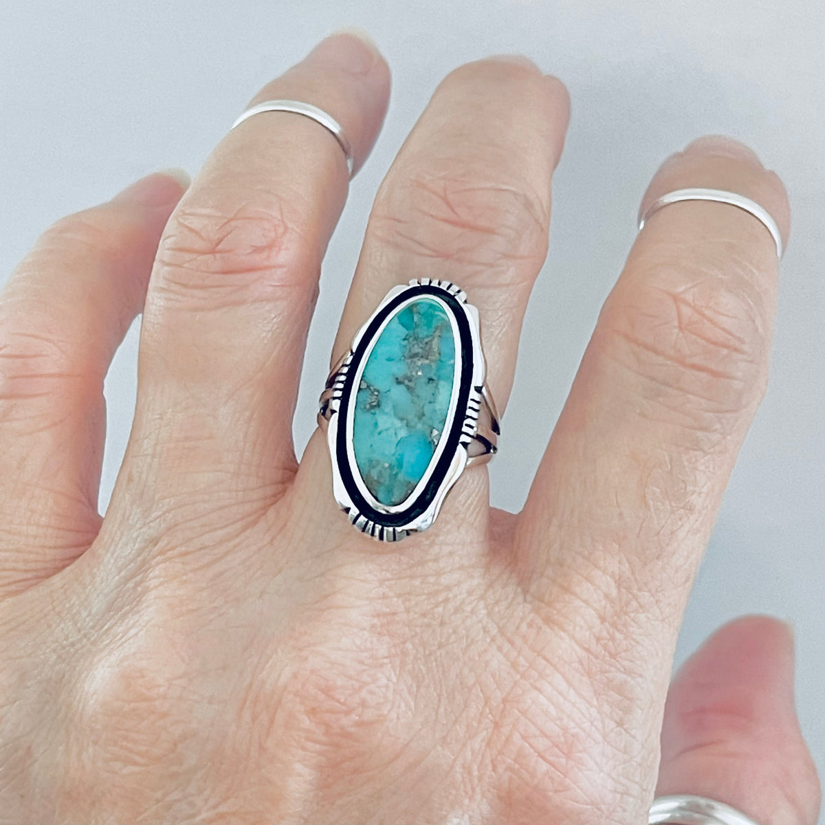 925 Sterling Silver Long Oval Genuine Turquoise Ring | Unisex Western Statement Stone Jewelry
