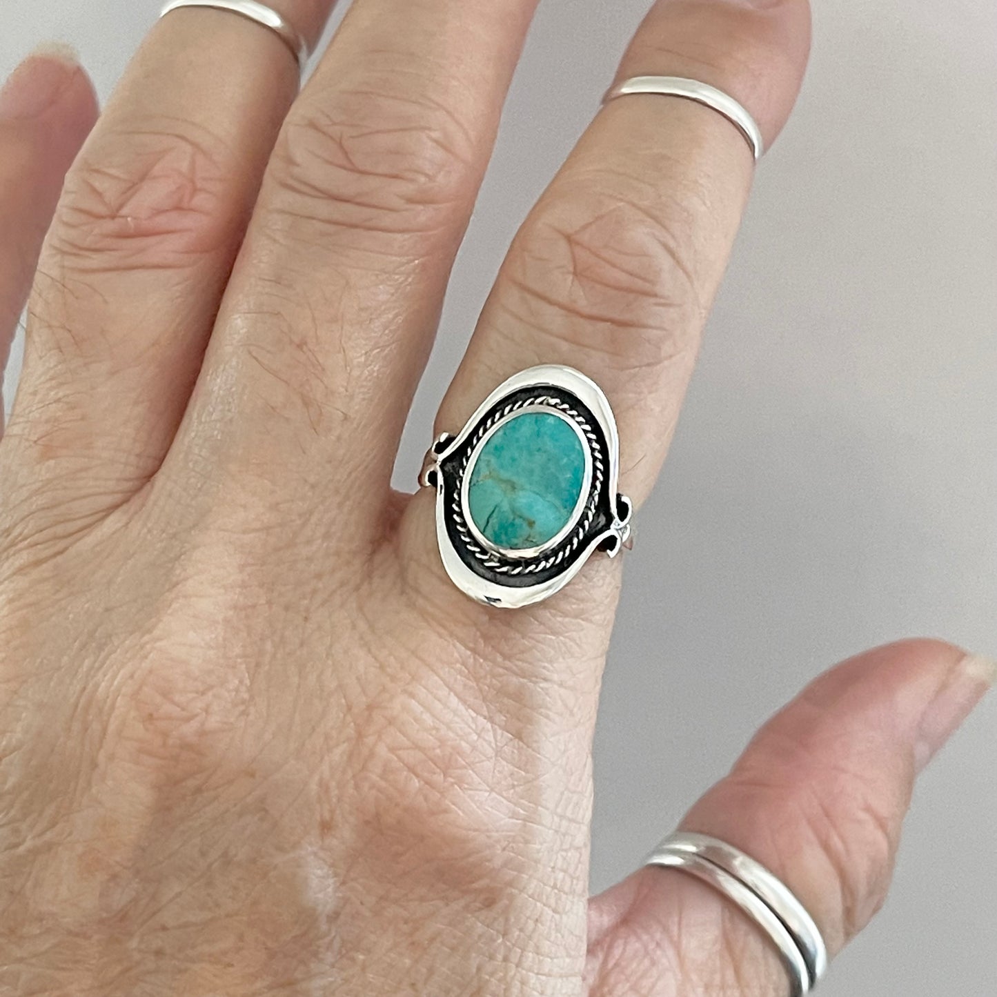 Sterling Silver Bali Style Round Genuine Turquoise Ring, Silver Statement Rings, Stone Ring