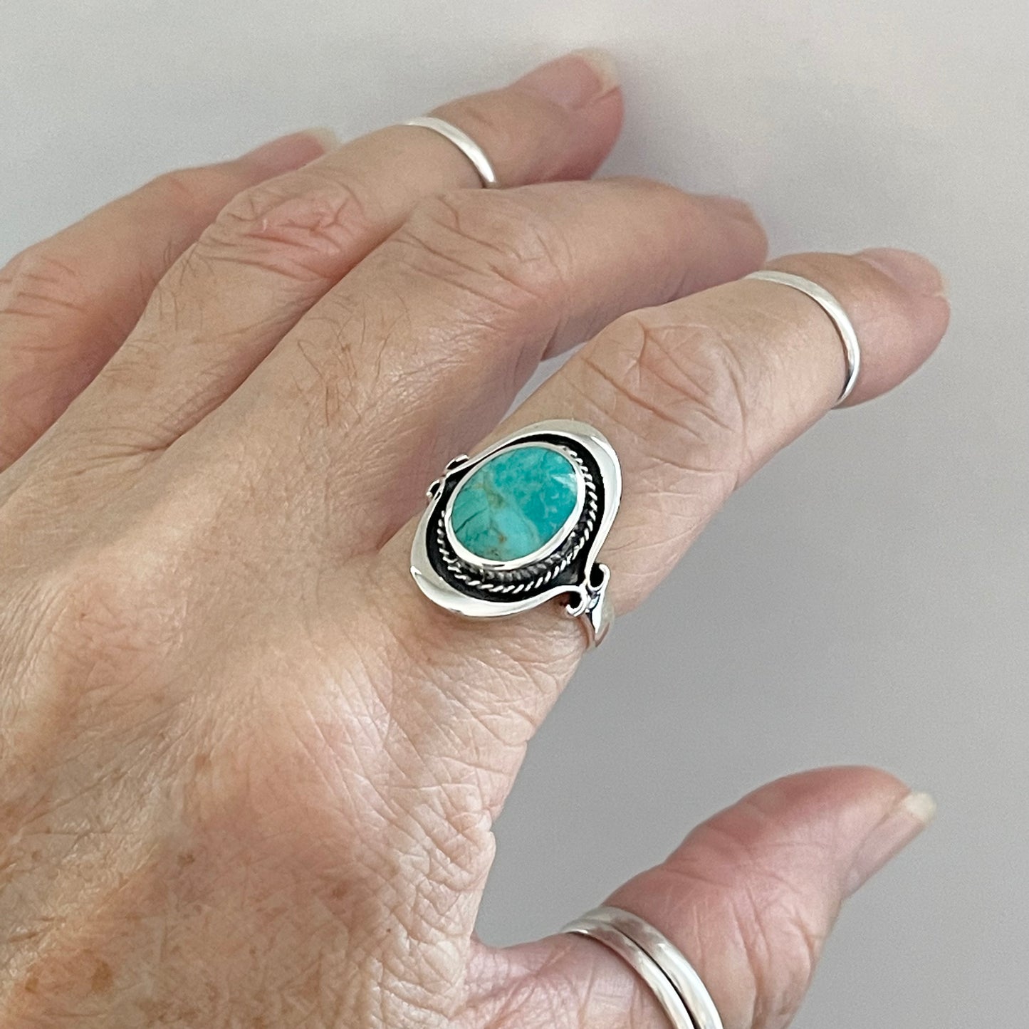 Sterling Silver Bali Style Round Genuine Turquoise Ring, Silver Statement Rings, Stone Ring