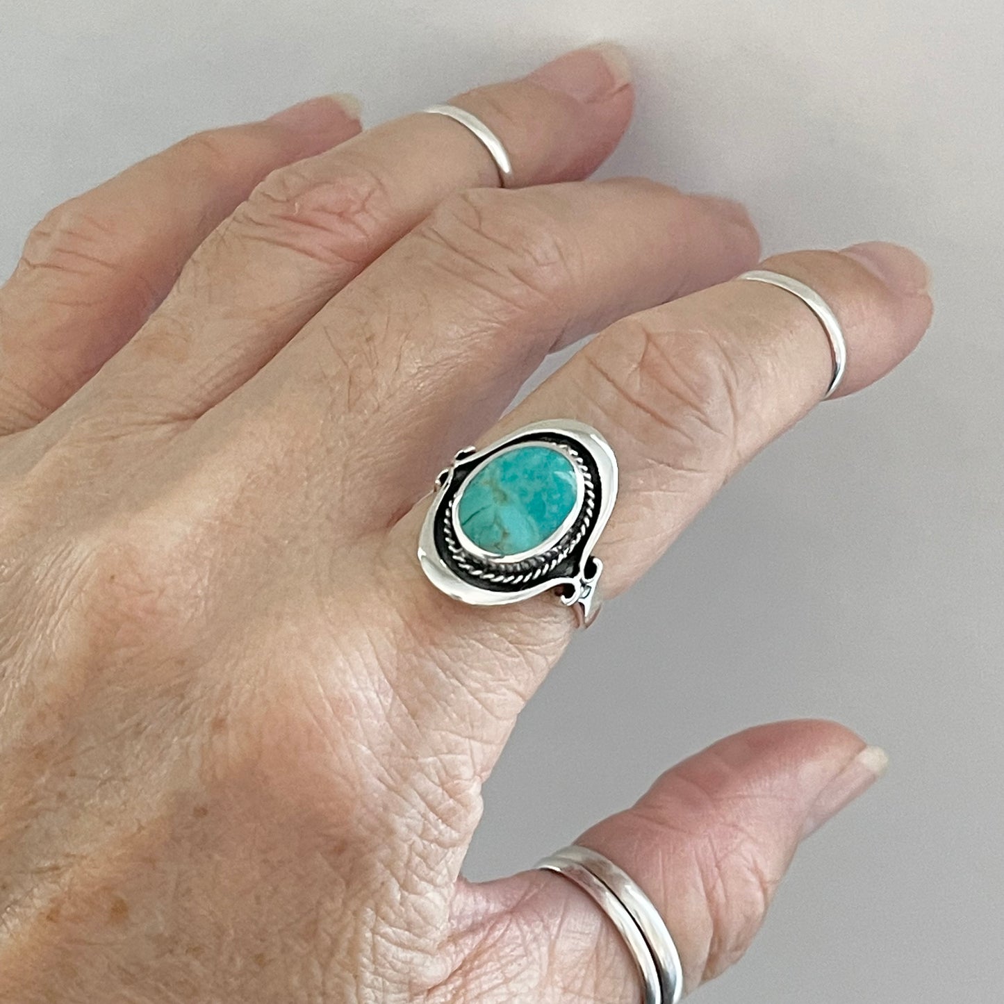 Sterling Silver Bali Style Round Genuine Turquoise Ring, Silver Statement Rings, Stone Ring