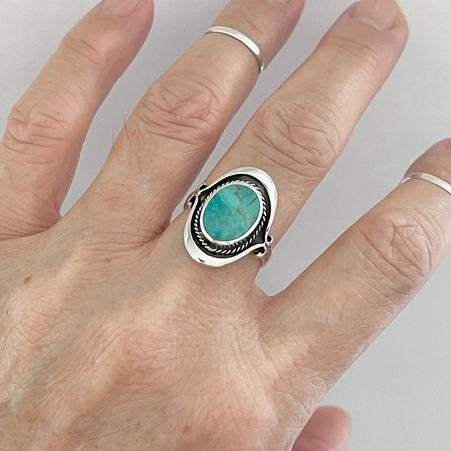 Sterling Silver Bali Style Round Genuine Turquoise Ring, Silver Statement Rings, Stone Ring