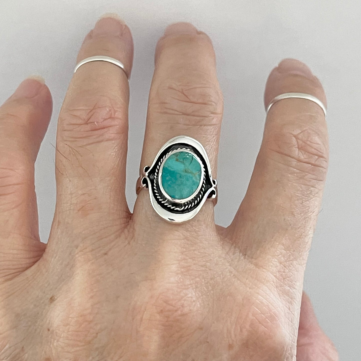 Sterling Silver Bali Style Round Genuine Turquoise Ring, Silver Statement Rings, Stone Ring