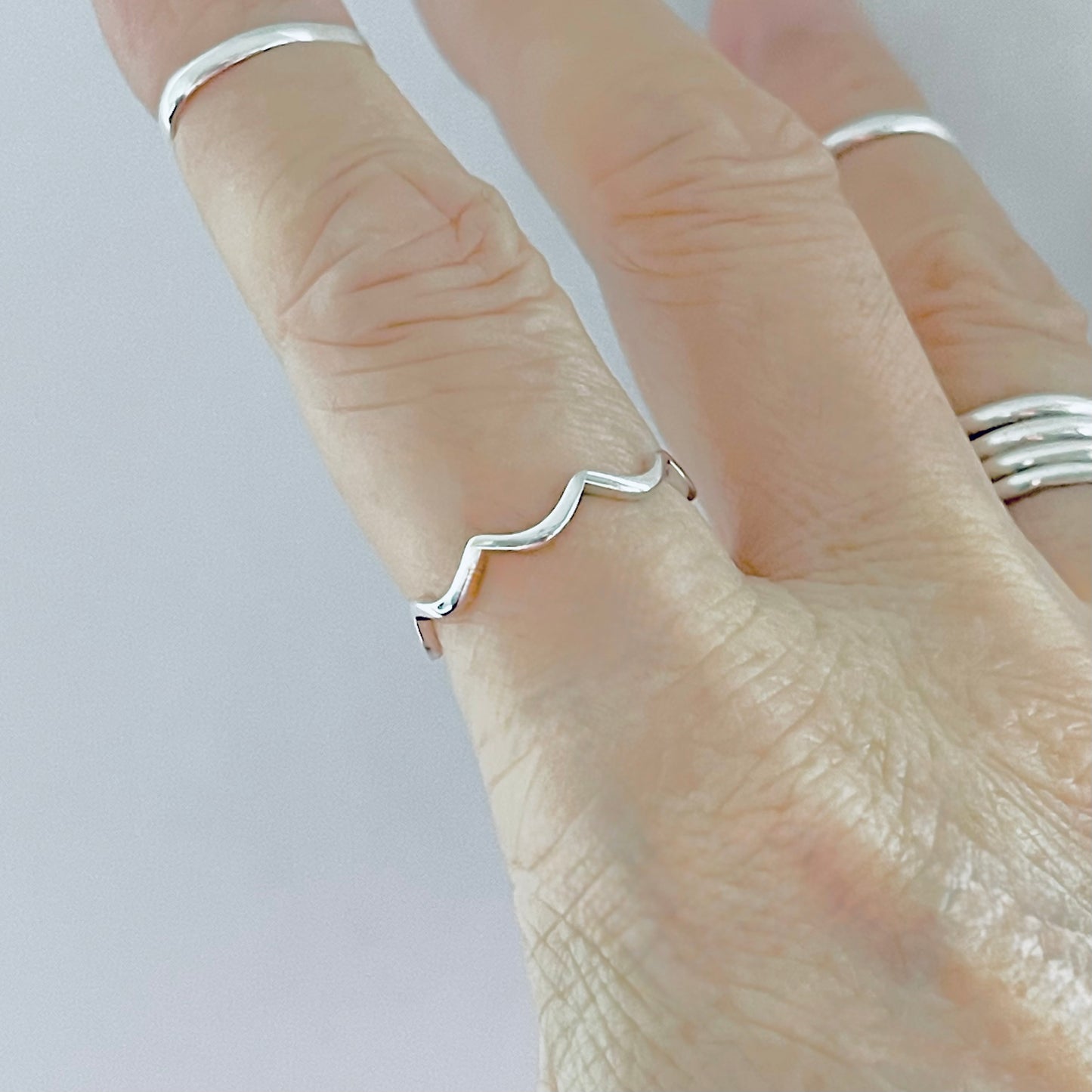 Sterling Silver Dainty Wave Band Ring – Zigzag Ocean Waves Stackable Silver Bands