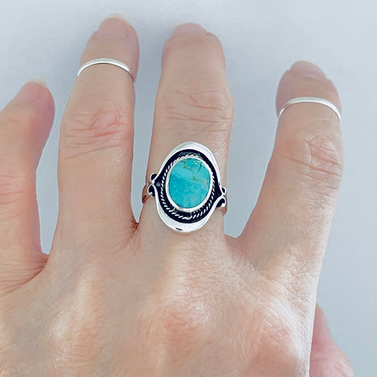 925 Sterling Silver Bali Style Round Genuine Turquoise Ring | Boho Statement Stone Rings