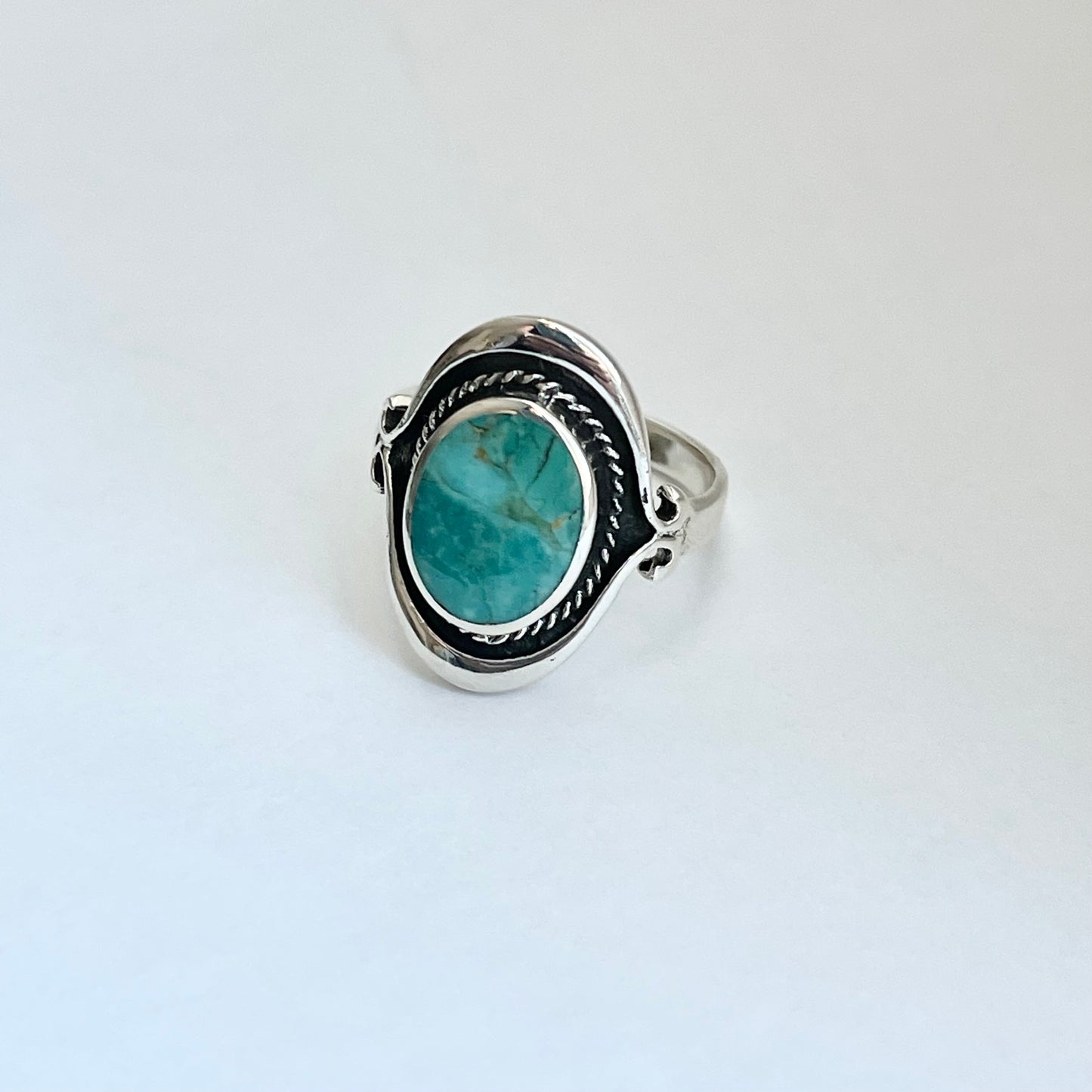 Sterling Silver Bali Style Round Genuine Turquoise Ring, Silver Statement Rings, Stone Ring